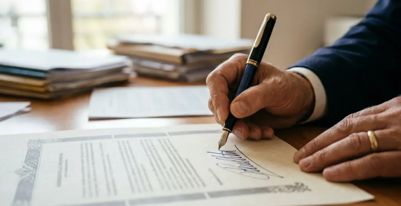 Main signant un document officiel avec stylo à encre bleue