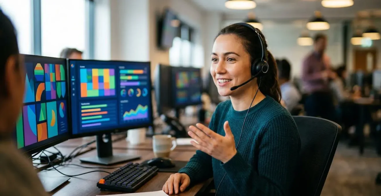 Agent de support technique au téléphone avec plusieurs moniteurs affichant des tableaux de bord