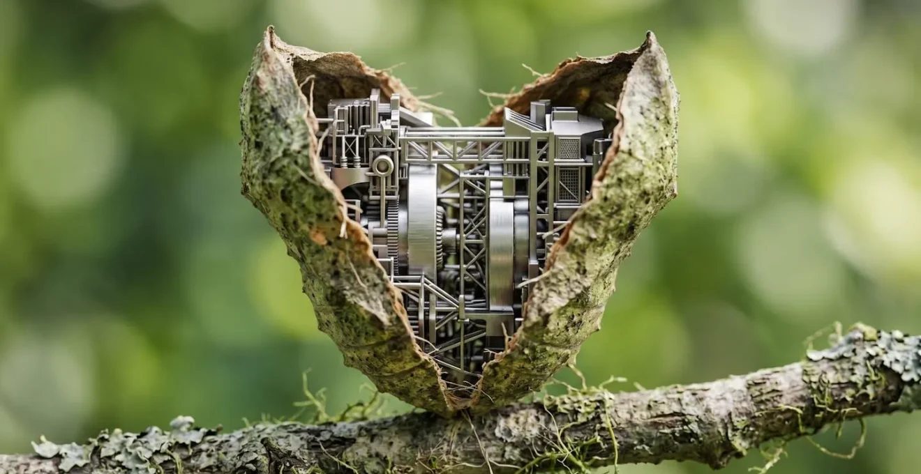Vue macro d'une chrysalide s'ouvrant révélant une structure métallique moderne symbolisant la transformation d'entreprise