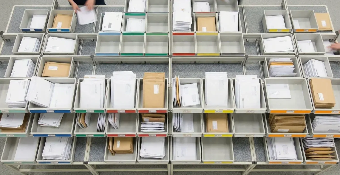 Système de tri postal avec bannettes étiquetées et enveloppes officielles
