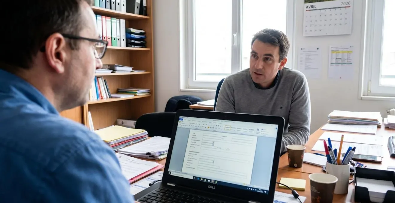 Deux personnes en discussion professionnelle à un bureau avec ordinateur portable affichant un formulaire administratif, bureau contemporain lumineux avec documents