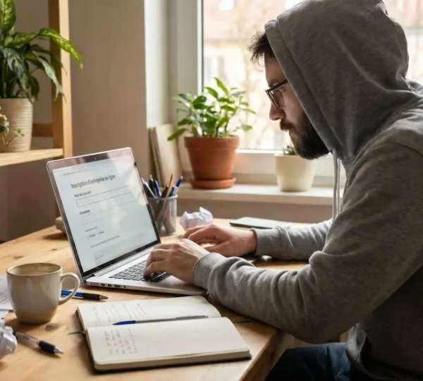 Une personne de profil travaille sur un ordinateur portable à son bureau à domicile pour remplir un formulaire d