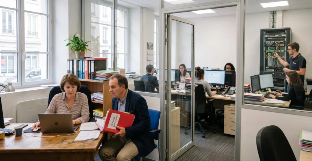 Comparaison de deux environnements de travail : un dirigeant de TPE avec son expert-comptable à gauche et un service comptabilité plus structuré avec un poste informatique à droite. Comparaison de deux environnements de travail : un dirigeant de TPE avec son expert-comptable à gauche et un service comptabilité plus structuré avec un poste informatique à droite.