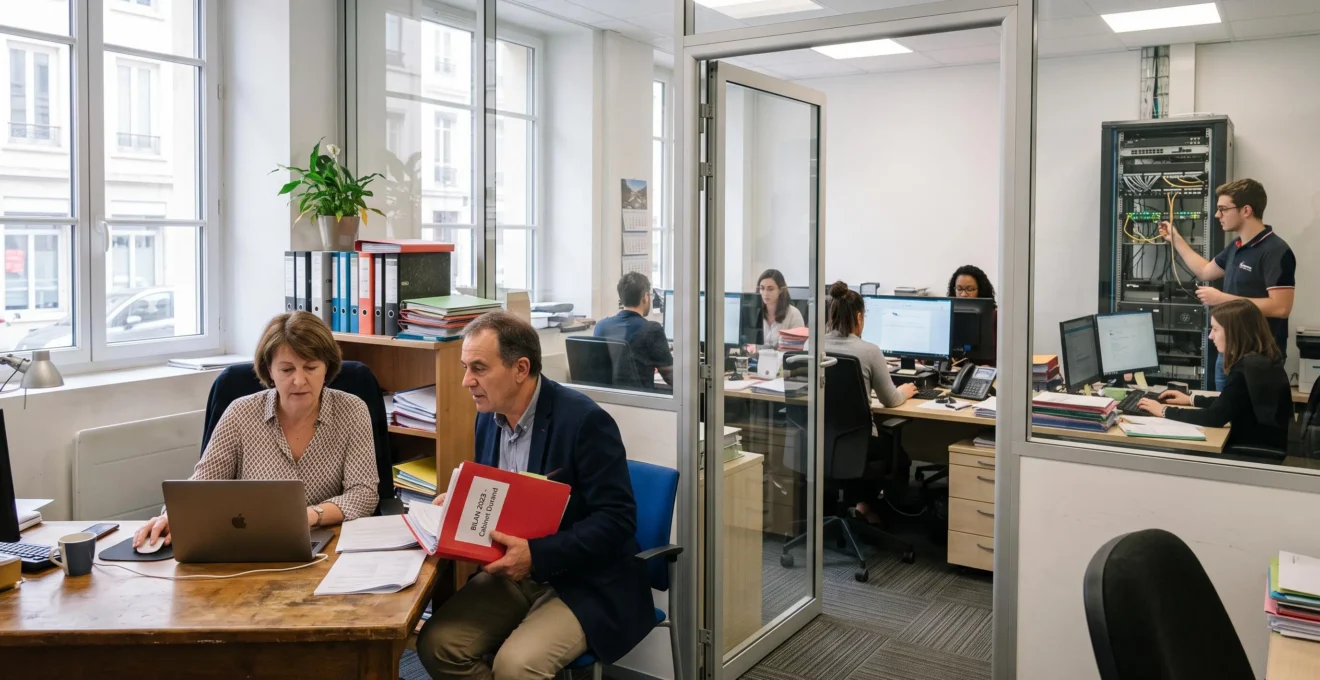 Comparaison de deux environnements de travail : un dirigeant de TPE avec son expert-comptable à gauche et un service comptabilité plus structuré avec un poste informatique à droite.