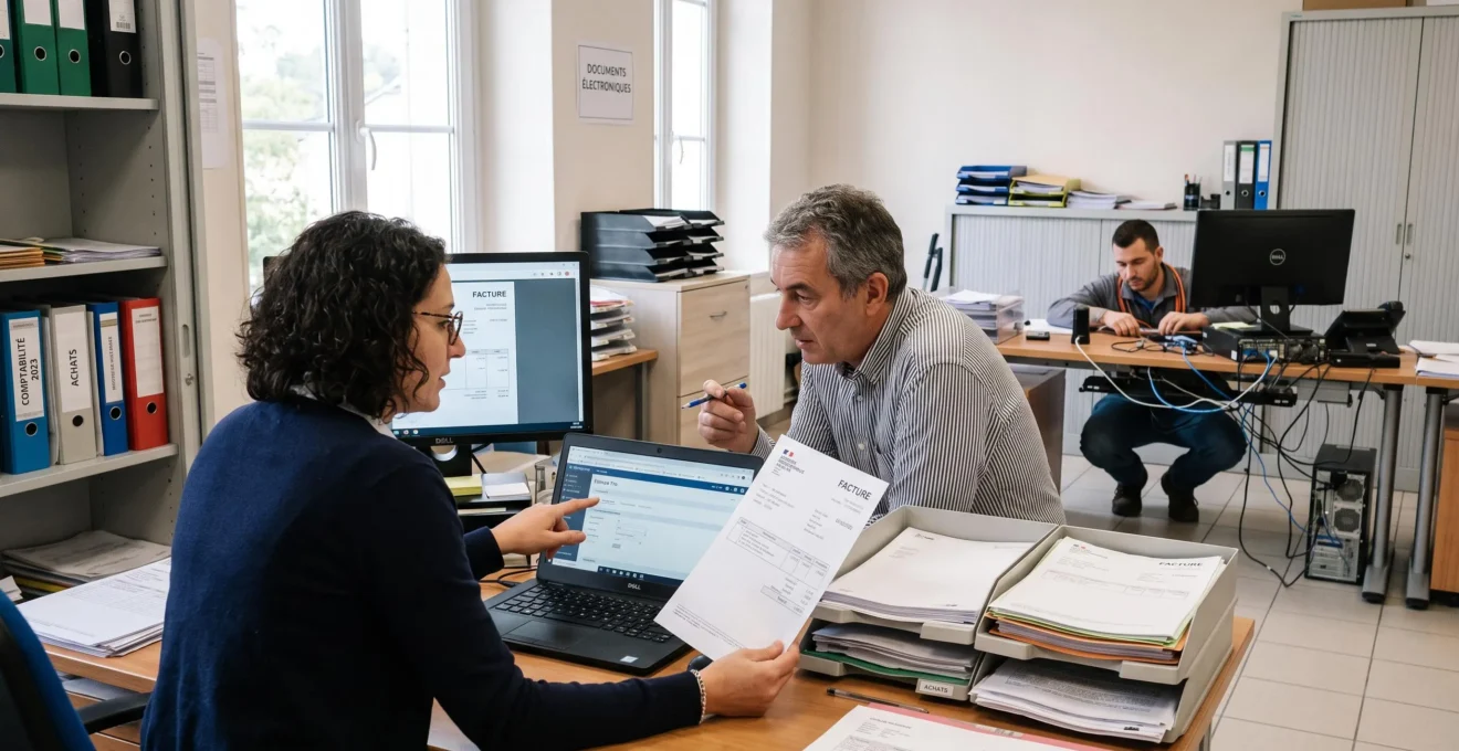 Une comptable et un collaborateur achats examinent des factures à leur bureau pendant qu'un technicien informatique travaille en arrière-plan dans un open space de PME.
