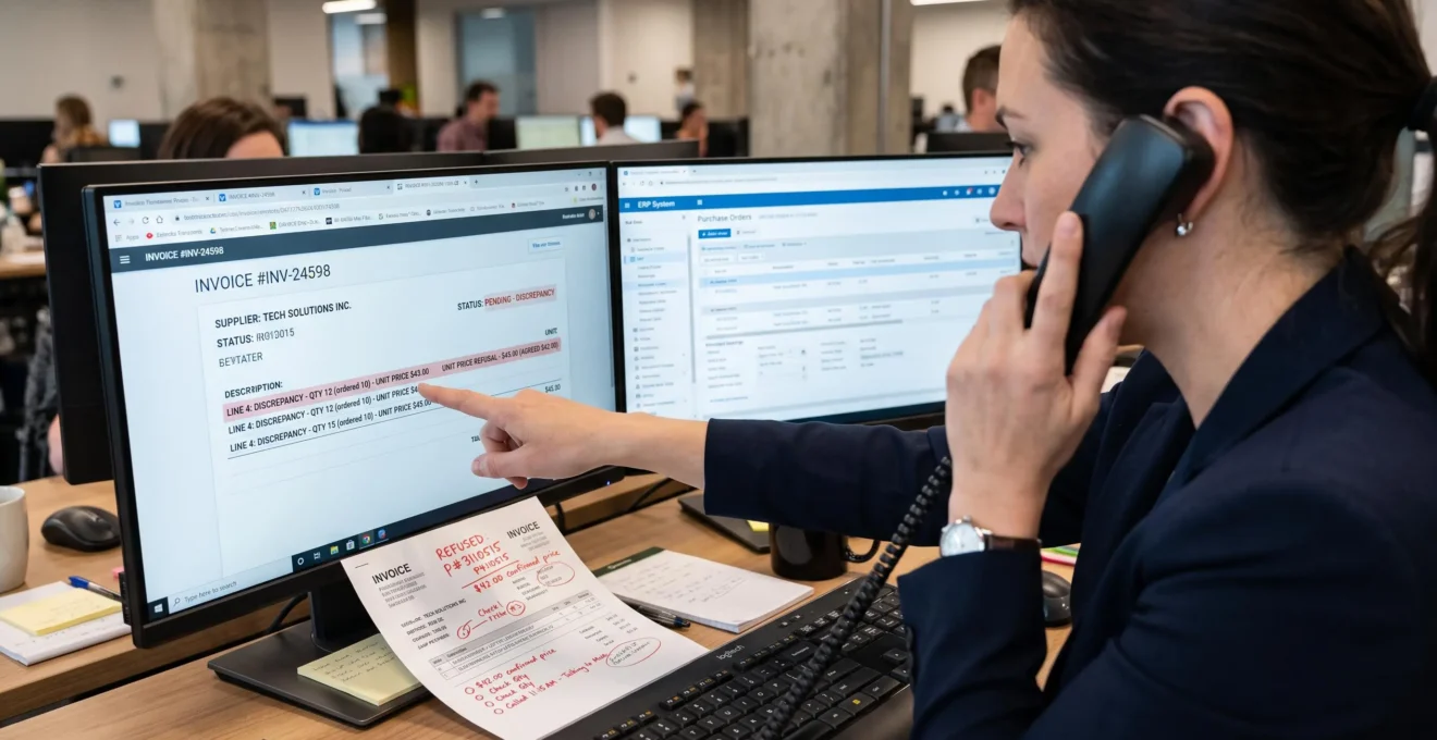 Gros plan sur une comptable au téléphone pointant une facture à l'écran, avec une copie papier annotée posée près du clavier.