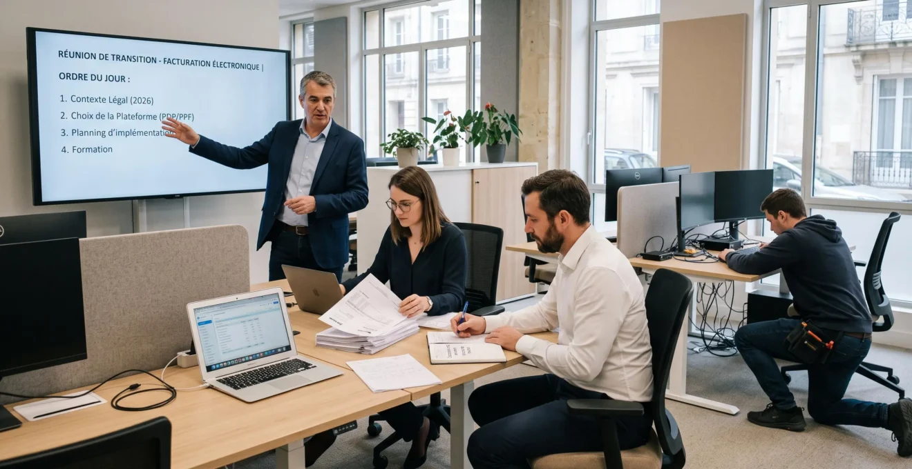 Réunion de projet dans une PME française entre un directeur, une comptable, un commercial et un technicien informatique autour du déploiement de la facturation électronique.