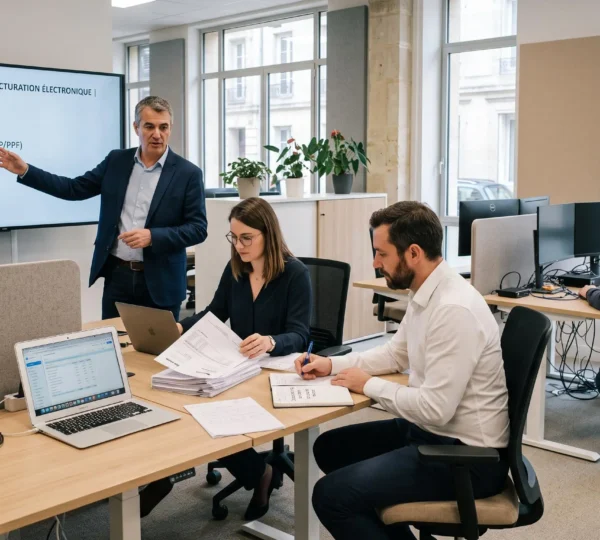 Réunion de projet dans une PME française entre un directeur, une comptable, un commercial et un technicien informatique autour du déploiement de la facturation électronique.